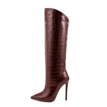 Высококачественная Европейская и американская модная банкетная обувь для подиума, женские модные сапоги на молнии до колена с каменным узором, 2024 г.